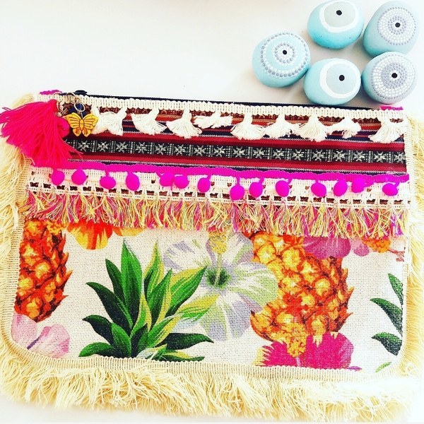 "pineapple bag" - καλοκαίρι, clutch, pom pom, παραλία, κρόσσια - 3