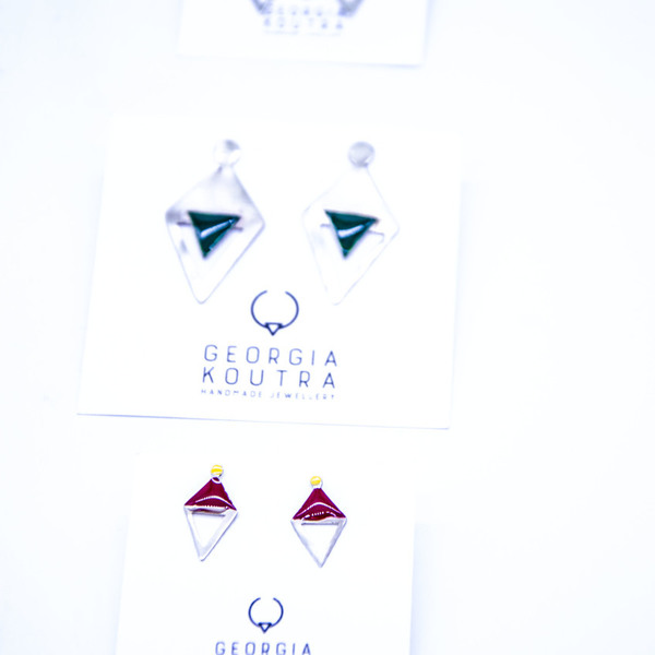 ''Triangle''bordeaux stud earrings - statement, ασήμι, μοντέρνο, σμάλτος, αλπακάς, γεωμετρικά σχέδια, minimal, καρφωτά, unisex, Black Friday - 3
