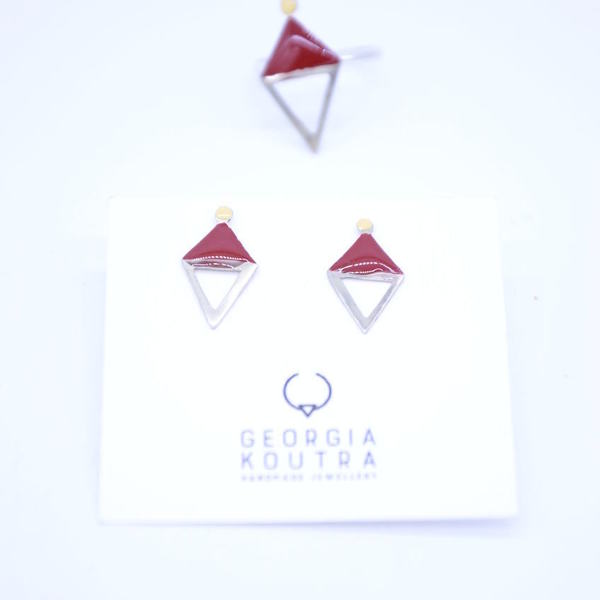 ''Triangle''bordeaux stud earrings - statement, ασήμι, μοντέρνο, σμάλτος, αλπακάς, γεωμετρικά σχέδια, minimal, καρφωτά, unisex, Black Friday - 4