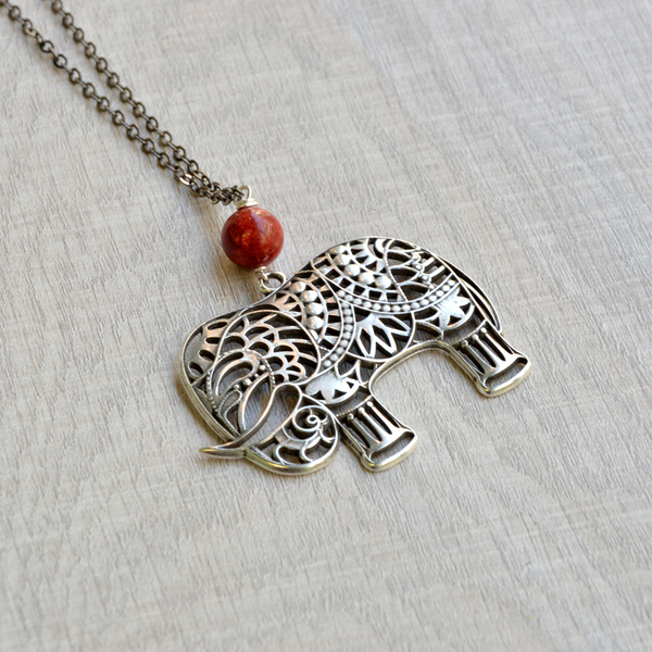 Bohemian Necklace Elephant - ημιπολύτιμες πέτρες, κοράλλι, μακρύ, επάργυρα, μακριά, boho, ethnic