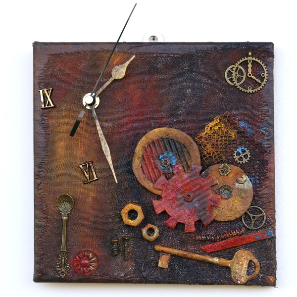 Ρολόι τοίχου - σκουριά - ύφασμα, ιδιαίτερο, καμβάς, ρολόι, χαρτί, δώρο, μεταλλικά στοιχεία