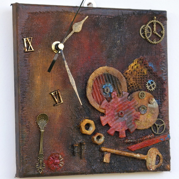 Ρολόι τοίχου - σκουριά - ύφασμα, ιδιαίτερο, καμβάς, ρολόι, χαρτί, δώρο, μεταλλικά στοιχεία - 2