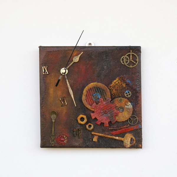 Ρολόι τοίχου - σκουριά - ύφασμα, ιδιαίτερο, καμβάς, ρολόι, χαρτί, δώρο, μεταλλικά στοιχεία - 3