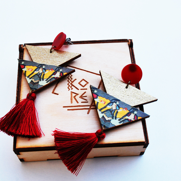 THE MYCENAEANS earrings σκουλαρίκια με απεικόνιση απο το παλάτι των Θηβών. - ξύλο, με φούντες, γεωμετρικά σχέδια, μακριά, ethnic, κρεμαστά, μεγάλα - 2