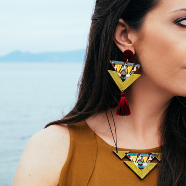 THE MYCENAEANS earrings σκουλαρίκια με απεικόνιση απο το παλάτι των Θηβών. - ξύλο, με φούντες, γεωμετρικά σχέδια, μακριά, ethnic, κρεμαστά, μεγάλα - 3