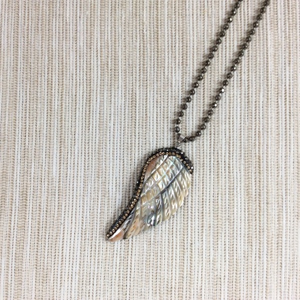 Κολιέ με φτερό απο κοχύλι - ημιπολύτιμες πέτρες, ορείχαλκος, φτερό, μακρύ, κοχύλι, μακριά - 3