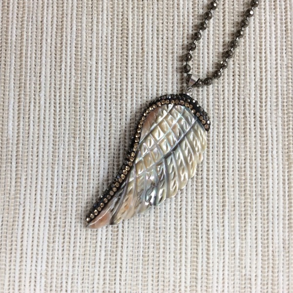 Κολιέ με φτερό απο κοχύλι - ημιπολύτιμες πέτρες, ορείχαλκος, φτερό, μακρύ, κοχύλι, μακριά - 2