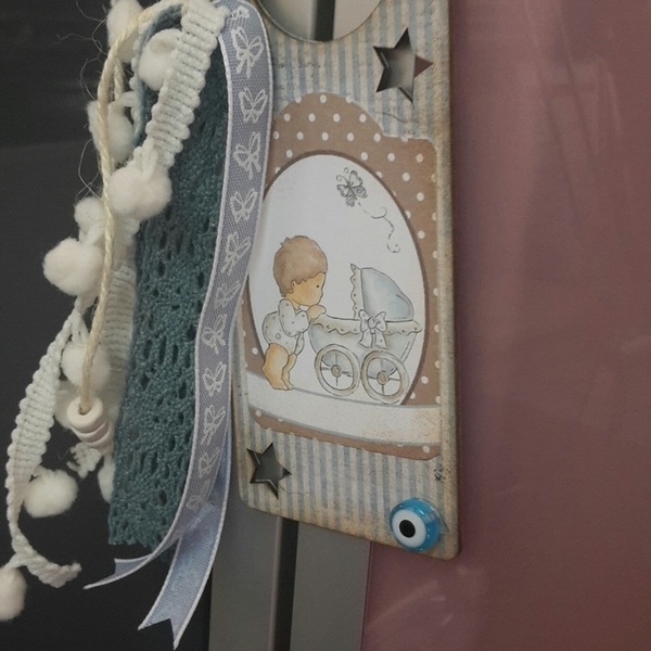 Ρομαντικό ταμπελάκι πόρτας για μωρά! - vintage, αγόρι, αερόστατο, μάτι, κρεμαστά - 3