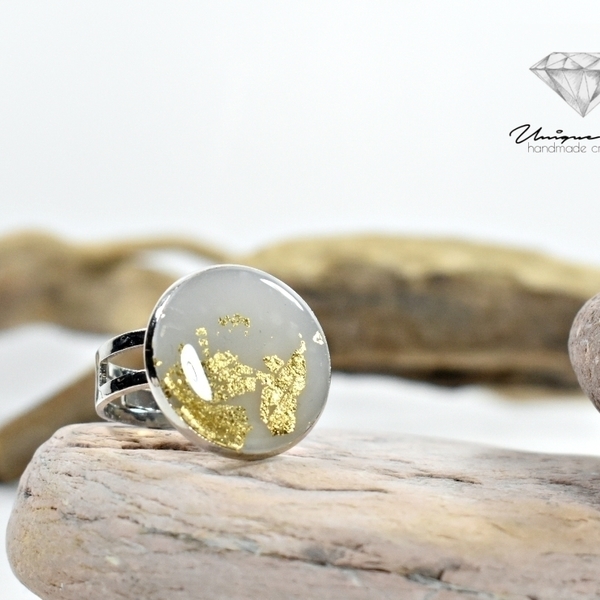 Δαχτυλίδι με πηλό και φύλλα χρυσού | Λευκό | διάφανο - statement, καλοκαιρινό, γυαλί, μοντέρνο, επιχρυσωμένα, επάργυρα, πηλός, δαχτυλίδι, minimal, αυξομειούμενα - 3
