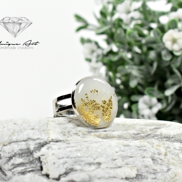 Δαχτυλίδι με πηλό και φύλλα χρυσού | Λευκό | διάφανο - statement, καλοκαιρινό, γυαλί, μοντέρνο, επιχρυσωμένα, επάργυρα, πηλός, δαχτυλίδι, minimal, αυξομειούμενα - 2