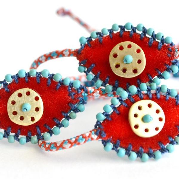 Βραχιόλι Evil eye κεντητό βελούδινο, κόκκινο χρυσό - ύφασμα, βελούδο, ethnic, boho, μοντέρνο, statement, ημιπολύτιμες πέτρες, μάτι, evil eye, charms - 2