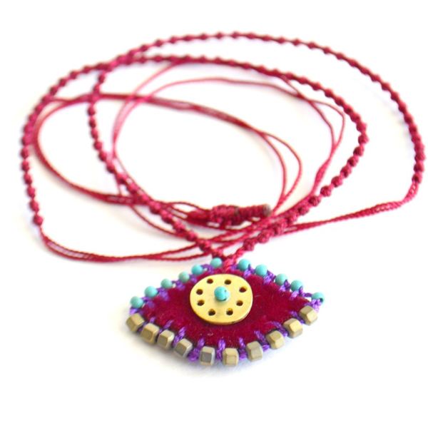 Κολιέ Evil eye κεντητό βελούδινο, μπορντώ - dusty pink χρυσό - μοντέρνο, ορείχαλκος, βελούδο, κορδόνια, μάτι, μακριά, minimal, boho, ethnic, αυξομειούμενα - 3