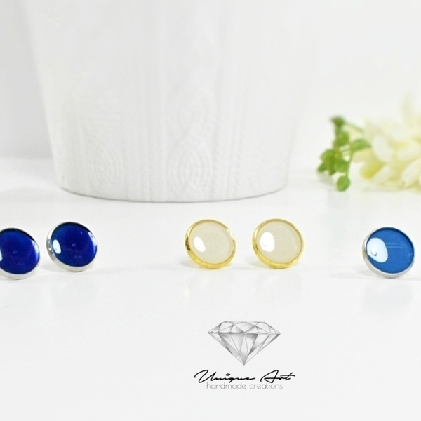 Blue candies | Stud earrings | Minimal - γυαλί, μοντέρνο, σμάλτος, επάργυρα, γεωμετρικά σχέδια, καθημερινό, minimal, καρφωτά, unique, candy, δώρα για γυναίκες - 2
