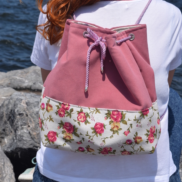"Γιασεμί" backpack - vintage, πουγκί, πλάτης, σακίδια πλάτης, μεγάλες, φλοράλ, romantic, all day