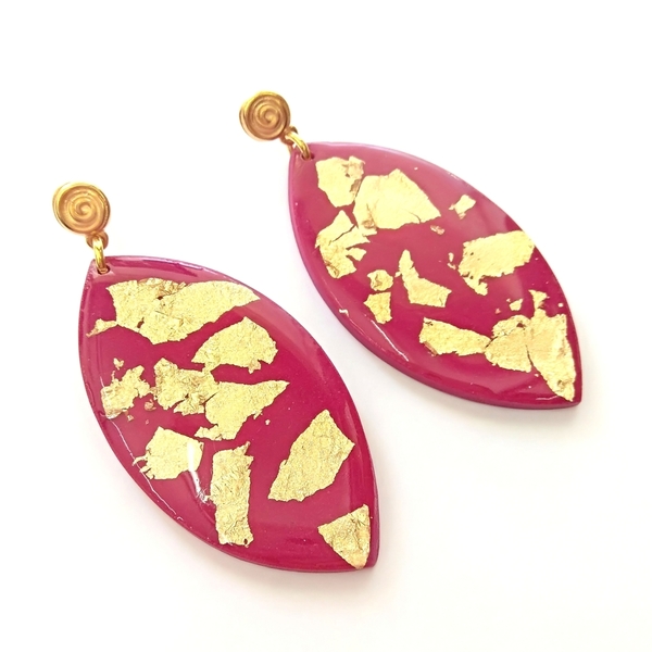 Polymer clay and gold leaf combination earrings - βραδυνά, γυαλί, μοντέρνο, επιχρυσωμένα, πηλός, γεωμετρικά σχέδια, romantic, minimal, καρφωτά