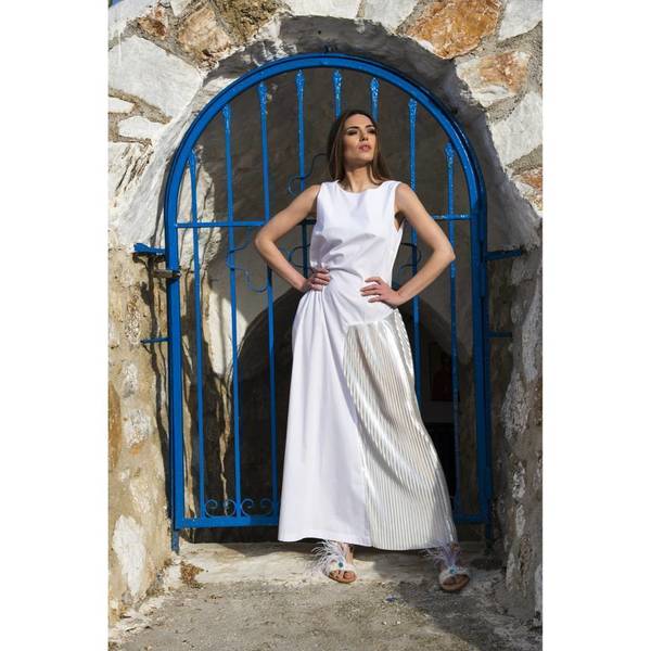 Φόρεμα λευκό maxi με λεπτομέρεια πλισέ ασημένια στο πλαι - βαμβάκι, chic, αμάνικο, all day, Black Friday