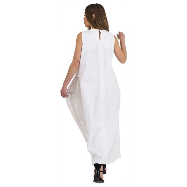 Φόρεμα λευκό maxi με λεπτομέρεια πλισέ ασημένια στο πλαι - βαμβάκι, chic, αμάνικο, all day, Black Friday - 3