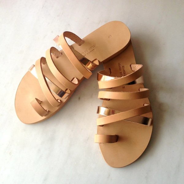Leather bronze sandals - δέρμα, minimal, boho, αρχαιοελληνικό, φλατ - 2