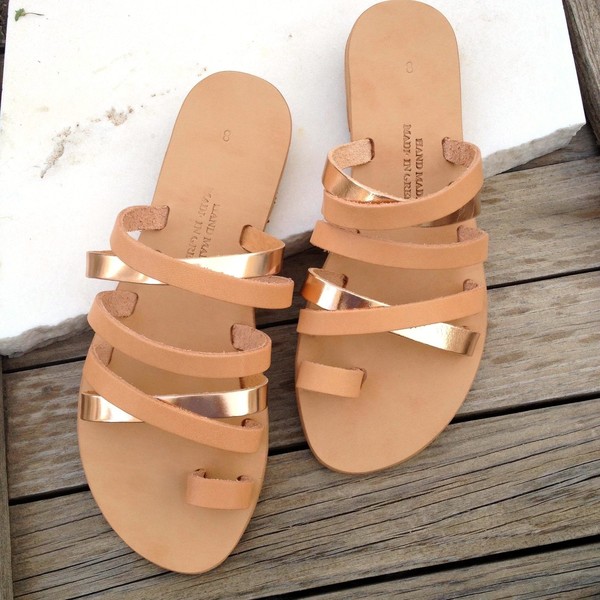 Leather bronze sandals - δέρμα, minimal, boho, αρχαιοελληνικό, φλατ - 3