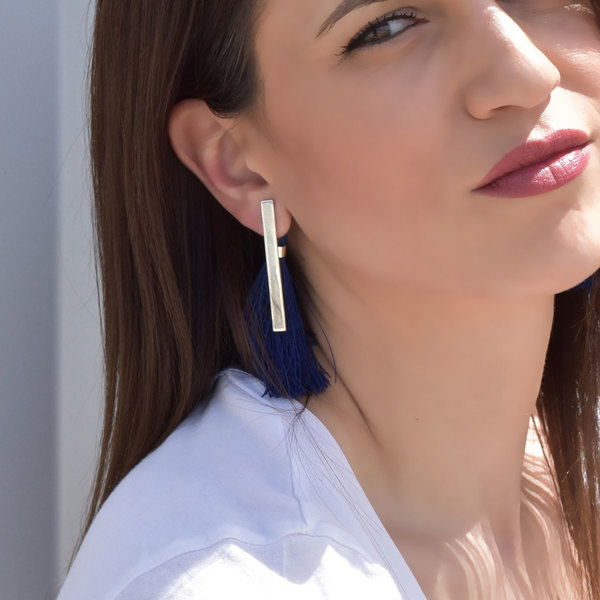 COLORISE Earrings Blue - statement, ασήμι, μοντέρνο, με φούντες, κορδόνια, γεωμετρικά σχέδια, boho, ethnic, κρεμαστά