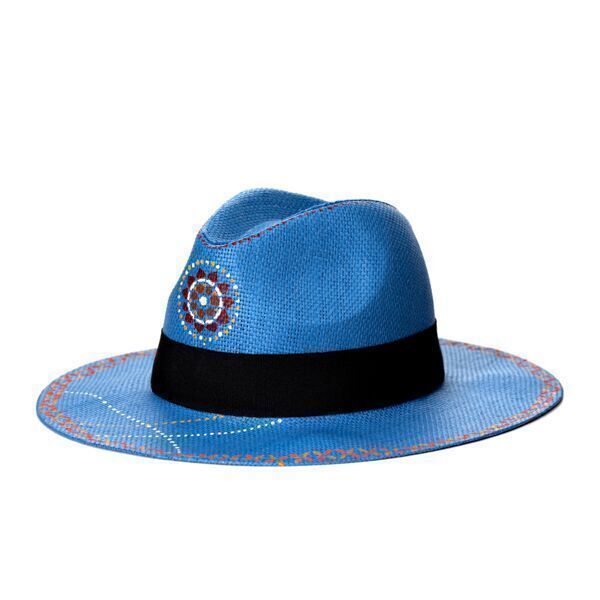 Ψάθινο καπέλο τύπου πάναμα σε γαλάζιο χρώμα - καλοκαίρι, ψάθα, παραλία, ψάθινα