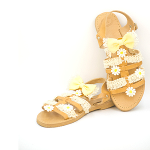 Margarita Sandals - δέρμα, φιόγκος, καλοκαίρι, λουλούδια, παραλία, romantic, gladiator, φλατ, ankle strap