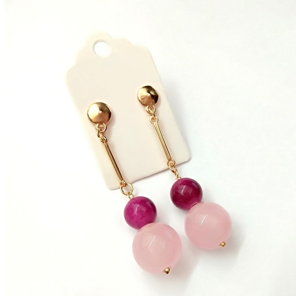 Pink quartz and jade earrings - ημιπολύτιμες πέτρες, βραδυνά, vintage, μοντέρνο, νεφρίτης, romantic, minimal, καρφωτά, κρεμαστά