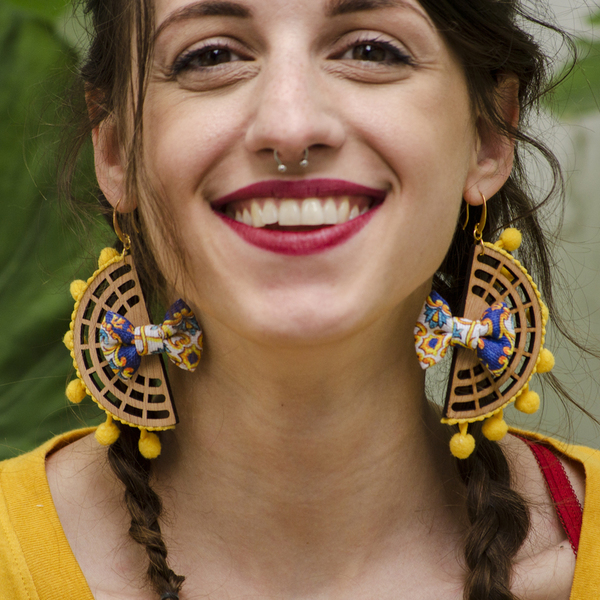 Semicircle Bow Earrings - statement, ύφασμα, ξύλο, ethnic, μοντέρνο, boho, βραδυνά, γεωμετρικά σχέδια, καλοκαιρινό, εντυπωσιακά, φιόγκος, romantic, κρεμαστά - 2
