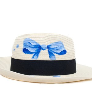 BLUE BOW handpainted fedora hat - φιόγκος, ζωγραφισμένα στο χέρι, καλοκαίρι, παραλία, ψάθινα