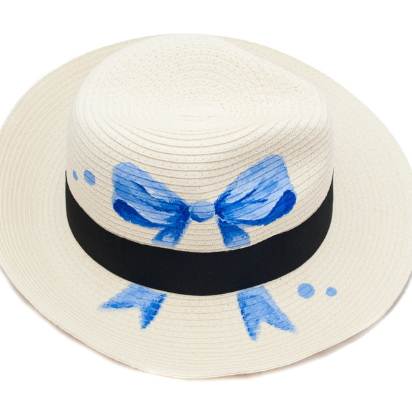 BLUE BOW handpainted fedora hat - φιόγκος, ζωγραφισμένα στο χέρι, καλοκαίρι, παραλία, ψάθινα - 2