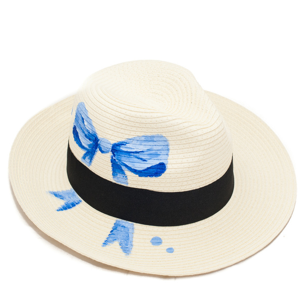 BLUE BOW handpainted fedora hat - φιόγκος, ζωγραφισμένα στο χέρι, καλοκαίρι, παραλία, ψάθινα - 3