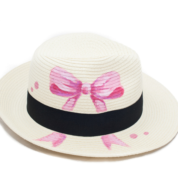 PINK BOW handpainted fedora hat - φιόγκος, ζωγραφισμένα στο χέρι, καλοκαίρι, παραλία, ψάθινα - 2