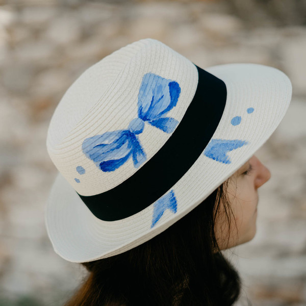 BLUE BOW handpainted fedora hat - φιόγκος, ζωγραφισμένα στο χέρι, καλοκαίρι, παραλία, ψάθινα - 5