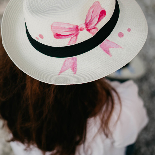 PINK BOW handpainted fedora hat - φιόγκος, ζωγραφισμένα στο χέρι, καλοκαίρι, παραλία, ψάθινα - 4