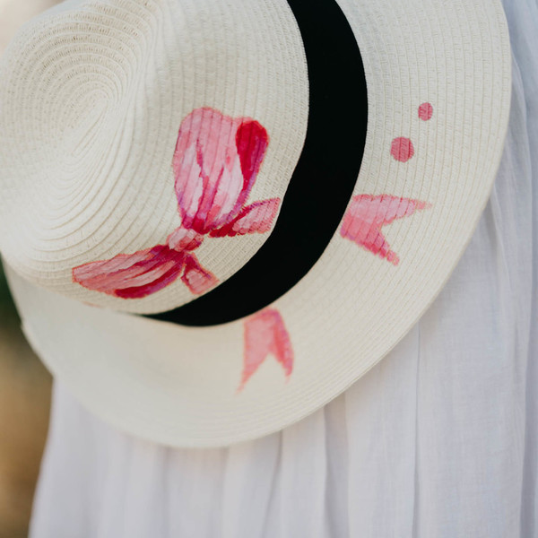 PINK BOW handpainted fedora hat - φιόγκος, ζωγραφισμένα στο χέρι, καλοκαίρι, παραλία, ψάθινα - 5