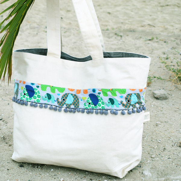 Τσάντα θαλάσσης με σχέδια και pon pon - καλοκαίρι, pom pom, τσάντα, παραλία, boho, ethnic, θαλάσσης - 3