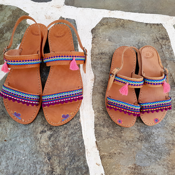 Mother and daughter boho sandals - δέρμα, σανδάλια, μαμά, boho, ethnic, φλατ, ankle strap