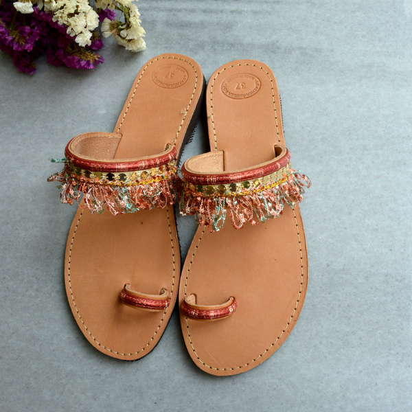 Pastel leather sandals - δέρμα, σανδάλια, romantic, minimal, boho, ethnic, φλατ, slides