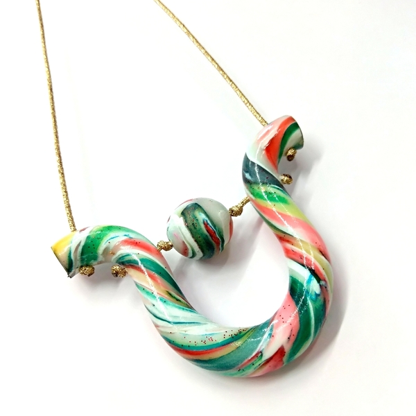 Candy cane necklace - μοντέρνο, μακρύ, πηλός, κορδόνια, boho, κρεμαστά
