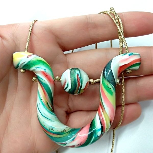 Candy cane necklace - μοντέρνο, μακρύ, πηλός, κορδόνια, boho, κρεμαστά - 3