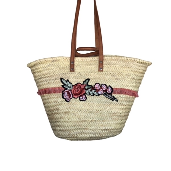 Τσάντα Summer rose bag - chic, καλοκαίρι, ώμου, τριαντάφυλλο, ψάθα, μεγάλες, παραλία, φλοράλ, romantic, απαραίτητα καλοκαιρινά αξεσουάρ, κρόσσια, θαλάσσης, φθηνές