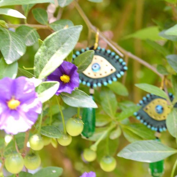 Σκουλαρίκια μεγάλο Evil eye κεντητό βελούδινο, πράσινο - χρυσό - statement, κρεμαστά, επιχρυσωμένα, μετάξι, κορδόνια, ασήμι, ορείχαλκος, ethnic, μοντέρνο, βραδυνά, boho, vintage, ημιπολύτιμες πέτρες, σταγόνα, μάτι, κεντητά, απαραίτητα καλοκαιρινά αξεσουάρ, χειροποίητα, ύφασμα - 5