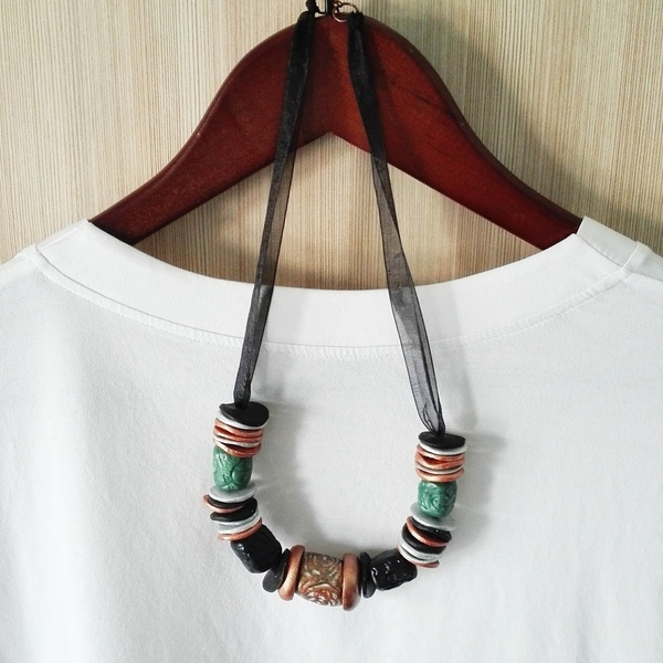Κολιέ αφρικανικού στυλ - ύφασμα, πηλός, χάντρες, κοντά, boho, ethnic, αυξομειούμενα - 2