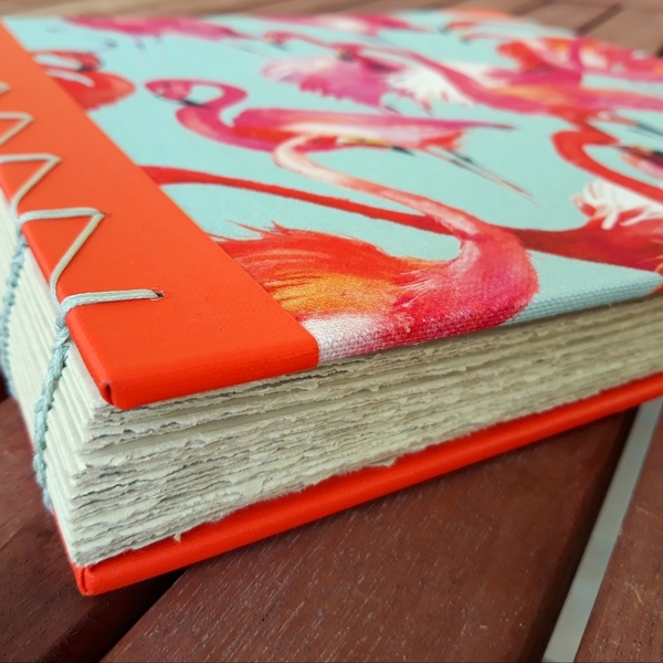 Χειροποίητο βιβλίο ευχών με βυζαντινή βιβλιοδεσία - άλμπουμ, flamingos, για παιδιά, δώρο παιδικό - 4