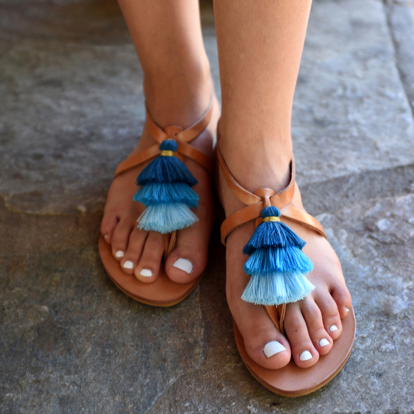 Leather Sandals "Ocean" - μπλε, δέρμα, με φούντες, χιαστί, σανδάλια, boho, ethnic, φλατ