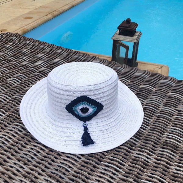 Καπέλο Knitted eye hat - πλεκτό, καλοκαίρι, με φούντες, ψάθα, βελονάκι, μάτι, παραλία, απαραίτητα καλοκαιρινά αξεσουάρ, βαμβακερό νήμα, καπέλο, Black Friday, ψάθινα - 2