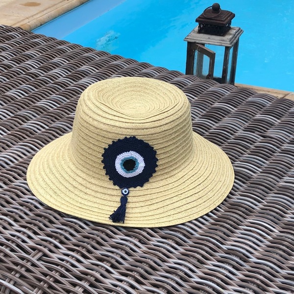 Καπέλο Knitted eye beige hat - πλεκτό, καλοκαίρι, ψάθα, βελονάκι, μάτι, παραλία, απαραίτητα καλοκαιρινά αξεσουάρ, βαμβακερό νήμα, Black Friday, ψάθινα - 2