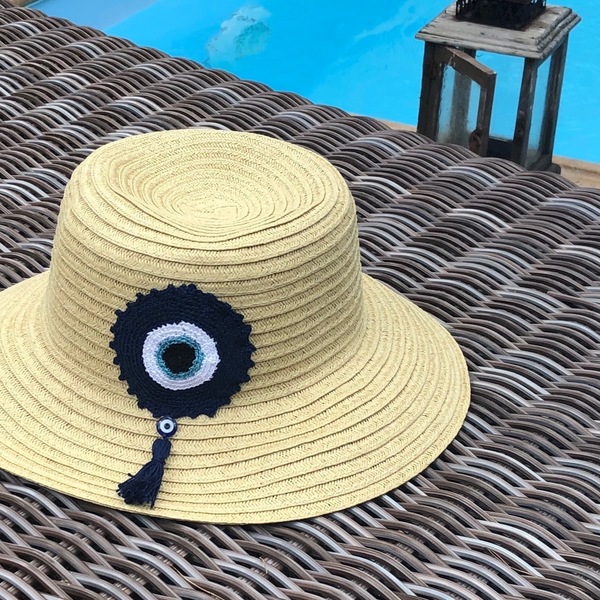 Καπέλο Knitted eye beige hat - πλεκτό, καλοκαίρι, ψάθα, βελονάκι, μάτι, παραλία, απαραίτητα καλοκαιρινά αξεσουάρ, βαμβακερό νήμα, Black Friday, ψάθινα - 3