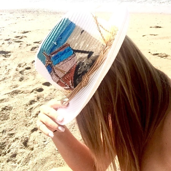 hand painted “rowboat” hat - καλοκαιρινό, ζωγραφισμένα στο χέρι, ιδιαίτερο, μοντέρνο, καλοκαίρι, πρωτότυπα, παραλία, απαραίτητα καλοκαιρινά αξεσουάρ, καπέλο, αξεσουάρ παραλίας, ψάθινα - 2