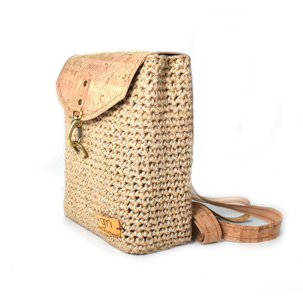 Φελλός & γιούτα-Χειροποίητη τσάντα πλάτης - chic, crochet, σακίδια πλάτης, minimal, φελλός, πλεκτή